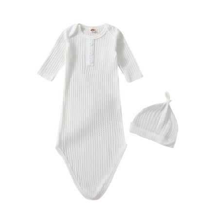 Newborn Infant Baby Girl Boy Gowns Long Sleeve Round Neck Knotted Sleeping Bags with Cute Hat Baby Cotton Nightgown Sleepwear