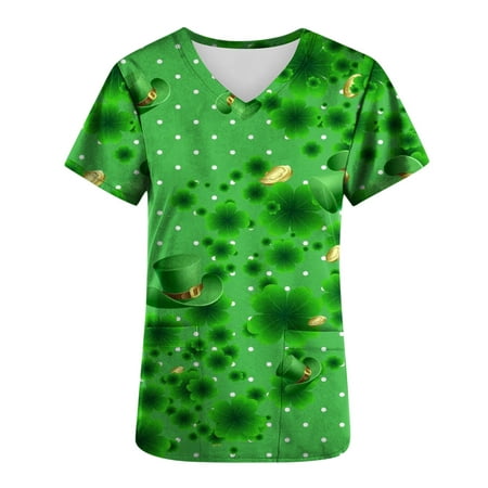 

Taqqpue St Patricks Scrub Tops for Women Plus Size Green Shamrock Clover Print V-Neck Short Sleeve Nursing Working Uniforms St Patricks Day Shirt Blouse Workout Tops Workwear with Pockets on Clearance