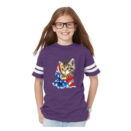 Cute Kitty with American Flag Youth Football Fine Jersey Tee
