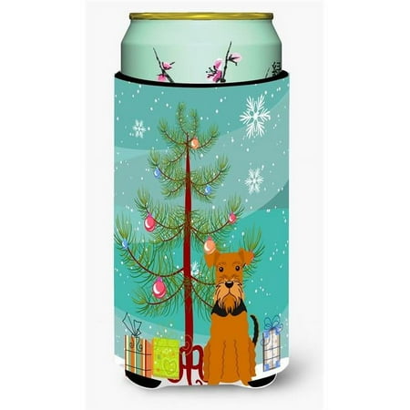 Merry Christmas Tree Airedale Tall Boy Beverage Insulator Hugger