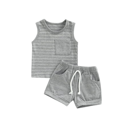 Eyicmarn Infant Baby Boys 2 Pieces Outfits Stripe Round Neck Sleeveless Tank Tops + Solid Color Elastic Waist Shorts Set
Eyicmarn Infant Baby Boys 2 Pieces Outfits Stripe Round Neck Sleeveless Tank Tops + Solid Color Elastic Waist Shorts Set
