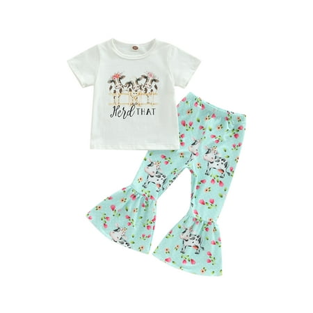 

Western Baby Girl Clothes Bell Bottom Outfit Cow Print Short Sleeve T-Shirt Top Flare Pants Set Cowgirl Outfits