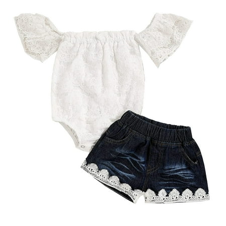DNDKILG Infant Baby Toddler Girls 2 Piece Short Sleeve Summer off Shoulder Outfits Lace Bodysuit and Denim Shorts Set Clothes Set with White 0-2Y 100
DNDKILG Infant Baby Toddler Girls 2 Piece Short Sleeve Summer off Shoulder Outfits Lace Bodysuit and Denim Shorts Set Clothes Set with White 0-2Y 100