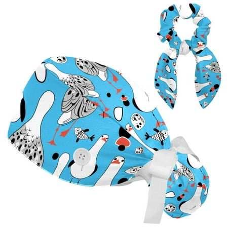 Working Cap with Buttons and Sweatband Scrub Hat Bouffant Caps with Scrunchie Fun Seagulls and Fish Tie Back Hats
Working Cap with Buttons and Sweatband Scrub Hat Bouffant Caps with Scrunchie Fun Seagulls and Fish Tie Back Hats