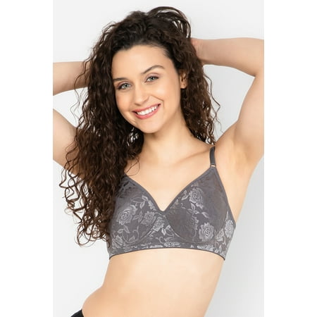 Clovia Padded Non-Wired Full Cup Self-Patterned Bra in Dark Grey - Lace