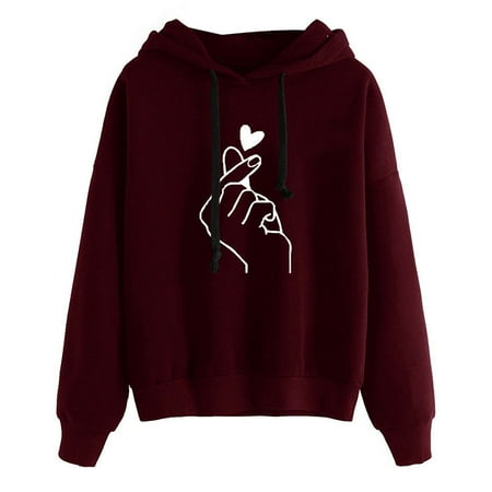 Fashion Women Hoodie Sweatshirts Heart Finger Pattern Long Sleeve Casual Loose Pullover Hooded Tops