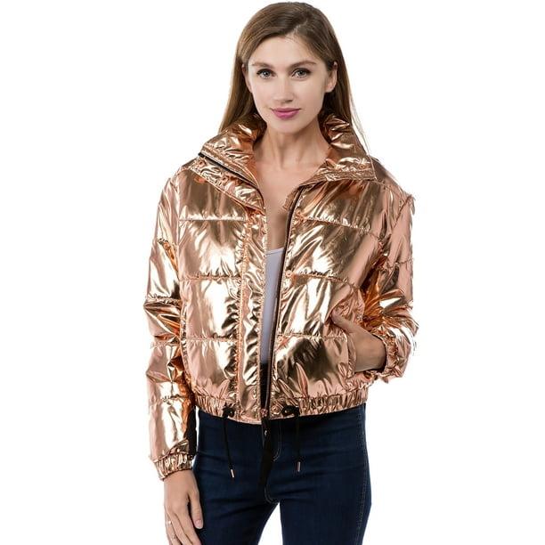 Women's Juniors Metallic Quilted Poly Filled Winter \ Fall Fashion Jacket Coat