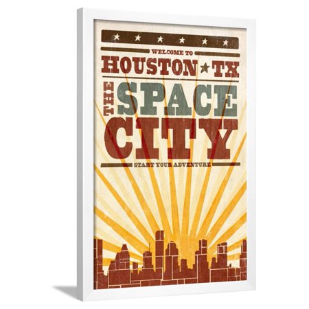 Houston, Texas - Skyline and Sunburst Screenprint Style Framed Print Wall Art By Lantern Press