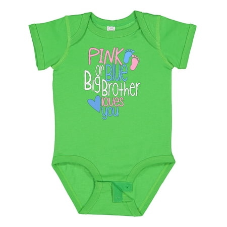 Inktastic Pink or Blue Big Brother Loves You Footprints and Heart Gift Baby Boy Bodysuit
