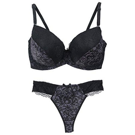 Women s Floral Lace Push-Up Plus Size Bra and Thong Set Underwire Lingerie Set Black Size 40D