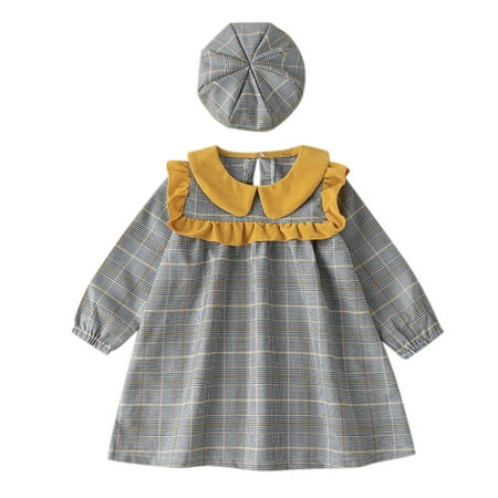 Toddler Outfit Sets For Teens Baby Girls Long Sleeve Patchwork Plaid Princess Dress With Hat 2Pcs Kids Clothes Suit