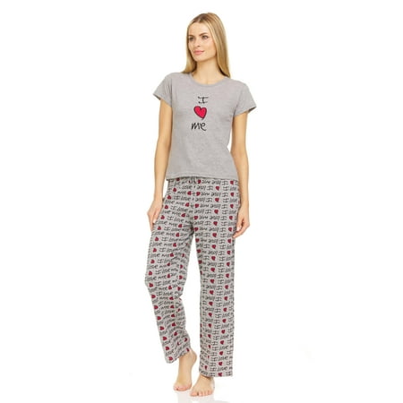 Lati Fashion Women Pants Pajamas set 100% Cotton Short Sleeve Female Pajamas Set Gray Size x-Large