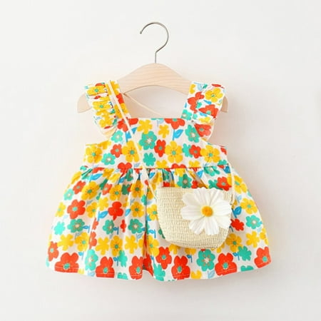 Baby Girls 6M-3Y Fly Sleeve Ruffles Floral Printed Princess Dress Bag Set