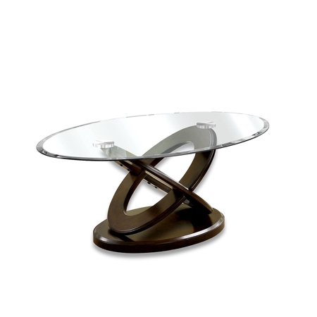 Furniture of America Xenda Coffee Table with 8mm Tempered Glass Top and Cross Shaped Base, Dark Walnut Finish