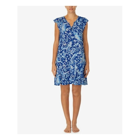 RALPH LAUREN Intimates Navy Split Neck Flutter Sleeve Paisley Nightgown L