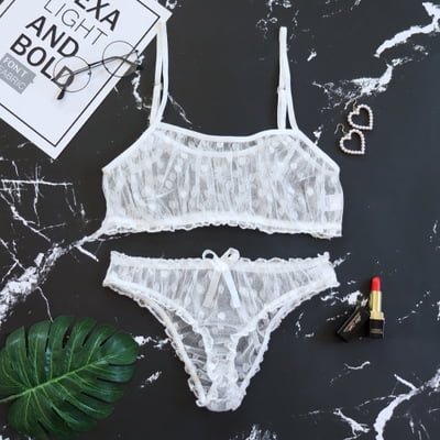 Women Sexy Bra Solid Dot Mesh Bra Bow Knot Underpants Sleepwear