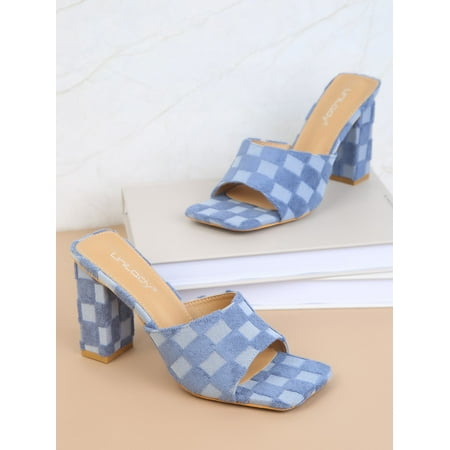 Faux Suede Plaid Pattern Chunky Heeled Mule Sandals Women‘s Footwear