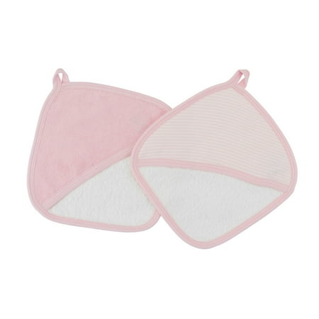 Under the Nile Organic Cotton Baby Girl Striped Wash Mitt Set Pale Pink Stripe with Pale Pink Trim