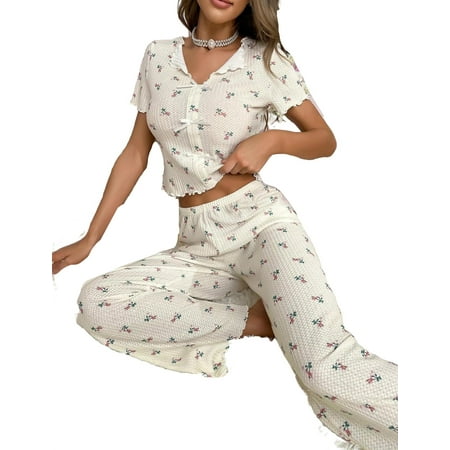 Cute Floral Print Collar Pant Sets Short Sleeve Beige Women Pajama Sets (Women s)
Cute Floral Print Collar Pant Sets Short Sleeve Beige Women Pajama Sets (Women s)
