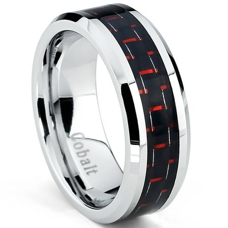 Cobalt Chrome Men's Wedding Ring With Black and Red Carbon Fiber Inlay, Comfort Fit Band 8mm