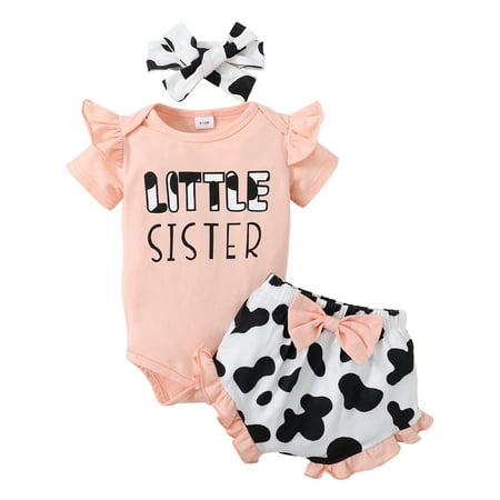 Newborn Baby Girls Outfits Short Sleeve Letter Print Ruffle Sleeve Romper Top+Milk Cow Print Bow Shorts+Headband 3PCS Outfits Set 9-12 Months Pink
Newborn Baby Girls Outfits Short Sleeve Letter Print Ruffle Sleeve Romper Top+Milk Cow Print Bow Shorts+Headband 3PCS Outfits Set 9-12 Months Pink