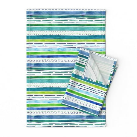 

Printed Tea Towel Linen Cotton Canvas - Sea Blue Green Stripe Watercolor Nautical Coastal Beach Turquoise Aqua Print Decorative Kitchen Towel by Spoonflower
