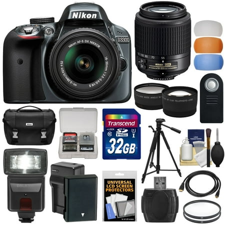 Nikon D3300 Digital SLR Camera & 18-55mm VR DX II (Grey) + 55-200mm DX AF-S Lens + 32GB Card + Battery + Case + Tripod + Flash + Tele\/Wide Lens Kit