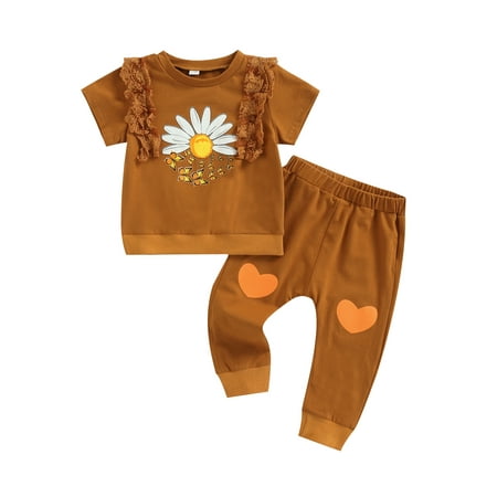 Gureui Toddler Infant Baby Girls Suit Casual Short Sleeve Floral Lace Cartoon Printed Tops+Heart Printed Long Pants 2Pcs Clothes Set 
Gureui Toddler Infant Baby Girls Suit Casual Short Sleeve Floral Lace Cartoon Printed Tops+Heart Printed Long Pants 2Pcs Clothes Set