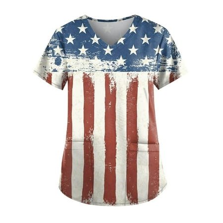 

MELDVDIB Women Nursing Scrub Tops 4th of July Patriotic Flag Print Working Uniform Short Sleeve V Neck Workwear Blouse T-shirt with Pockets Gift on Clearance