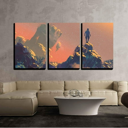 wall26 - 3 Piece Canvas Wall Art - Man Standing on Top of the Hill Watching the Stars,Illustration Painting - Modern Home Decor Stretched and Framed Ready to Hang - 24"x36"x3 Panels