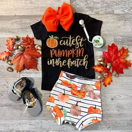 Baby Girl Halloween Outfits Cutest Pumpkin in The Patch Romper Bodysuit Floral Shorts Set with Headband 3Pcs Clothes