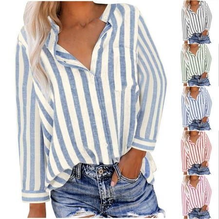 BiZtdJrK Prime Sales of The Day Women Long Sleeve Shirts Loose Lapel Blouses Tops Trendy Stripe Button Down Shirt Casual Linen Lightweight Lapel Tee Shirts Hot Pink S