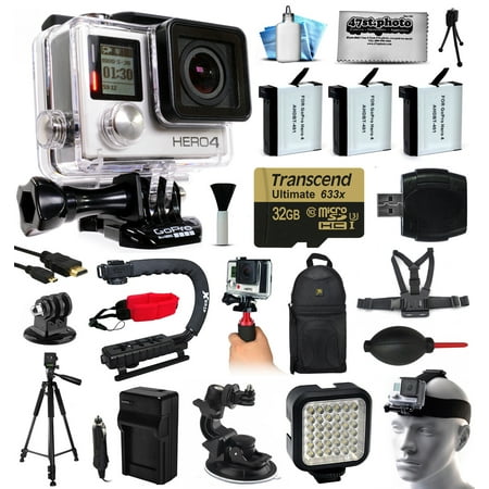 GoPro HERO4 Silver Edition 4K Action Camera + 32GB MicroSD, 3x Batteries, Charger, Card Reader, Backpack, Chest Harness, Action Handle, Tripod, Car Mount, LED Light, Helmet Strap, Dust Cleaning Kit