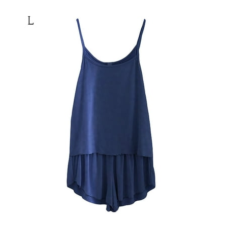 2Pcs Women Pajamas Set Vest Shorts Sleepwear Loungewear Dark Blue L