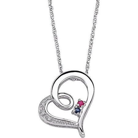 Personalized Women's Sterling Silver Couple's Diamond and Birthstone Heart Necklace