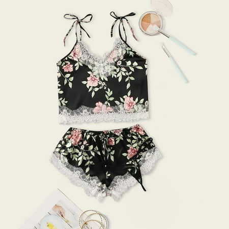 QWANG 3PC Women Satin Lace Silk Camisole Shorts Thong Set Printing Pajamas Lingerie
QWANG 3PC Women Satin Lace Silk Camisole Shorts Thong Set Printing Pajamas Lingerie