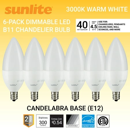 

Sunlite LED B11 Frosted Torpedo Tip Chandelier Light Bulb 4.5 Watts (40W Equivalent) Candelabra E12 Base Dimmable Energy Star 3000K Warm White 6 Pack