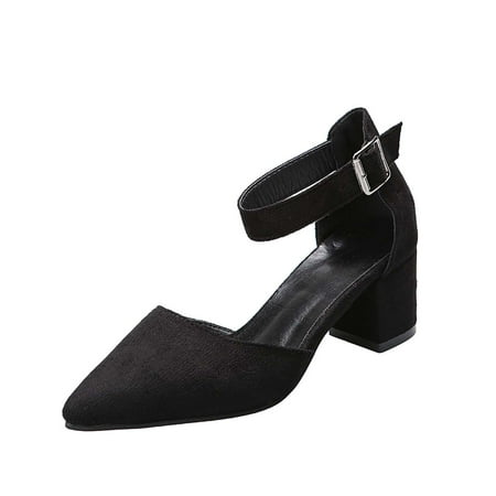 YanHoo Women s Heel Sandals Suede Point-toe Chunky Heel Ankle Strap Sandals Ladies Summer Casual Sandals Shoes