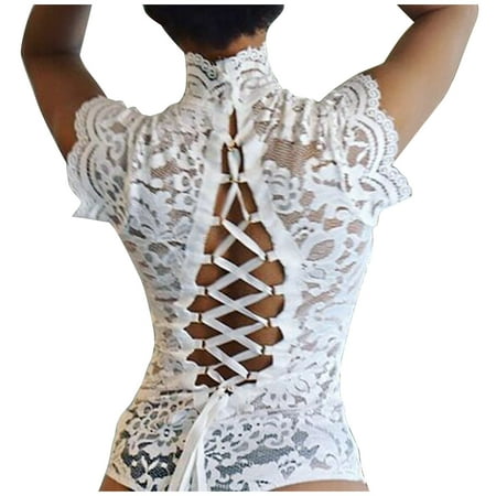 

Qcmgmg Sexy Bodysuit for Women Lace Hollow Out Lingerie Criss Cross Teddy White S
