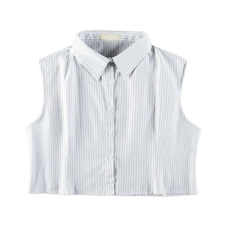 Women Vertical Striped Fake Collar Detachable Dickey Lapel Button Half Shirt