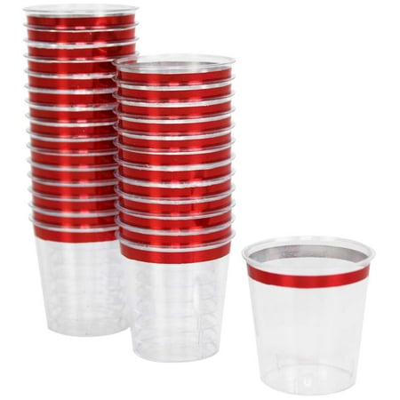 Just Artifacts 1oz Plastic Shot Glasses (120pcs Metallic Red Rim)