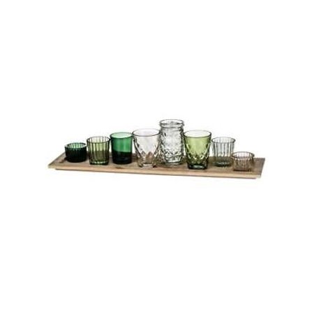Set of 8 Assorted Green Glass Votives & Small Vases on Wood Base - 19" Long