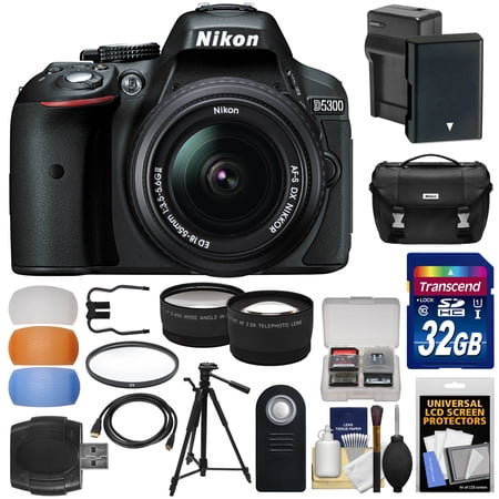 Nikon D5300 Digital SLR Camera & 18-55mm G DX II AF-S Zoom Lens (Black) with 32GB Card + Battery + Case + Tripod + Diffusers + Tele\/Wide Lens Kit