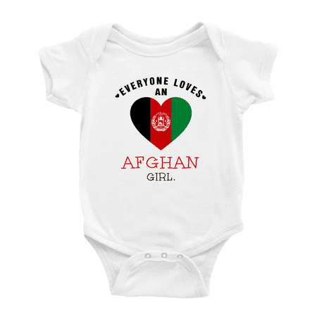 Everyone Loves an Afghan Girl Baby Romper Bodysuit (White 12-18 Months)