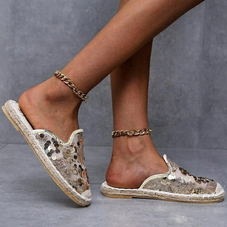 Ecqkame Women s Slippers Clearance Women s Flat Shoes Ladies Rope Sandals Summer Non-Slip Causal Woven Slippers Gold 40