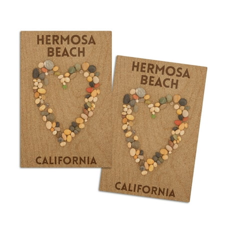 Hermosa Beach California Stone Heart on Sand (4x6 Birch Wood Postcards 2-Pack Stationary Rustic Home Wall Decor)