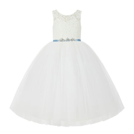 V-Back Ivory Lace Flower Girl Dress Tutu Tulle Ballroom Gown 212R4
