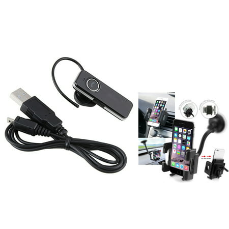 Insten Bluetooth Headset + Car Mount Phone Holder For iPhone 6 5 5S 4S \/ Samsung Galaxy S5 Note 4 Core Ace \/ Moto G E X