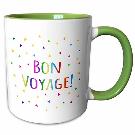 3dRose Bon Voyage colorful rainbow text with multicolor confetti triangles - Two Tone Green Mug, 11-ounce