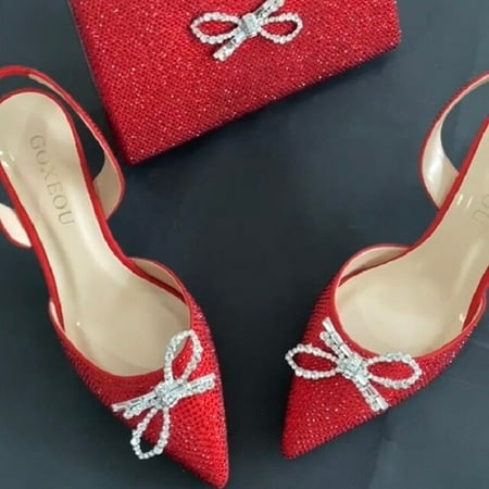 GOXEOU Women s Pumps Bag Suit Flock Suede Butterfly-knot Rhinestone High Heels Wedding Party Fashion Lady Shoes Size 32-46